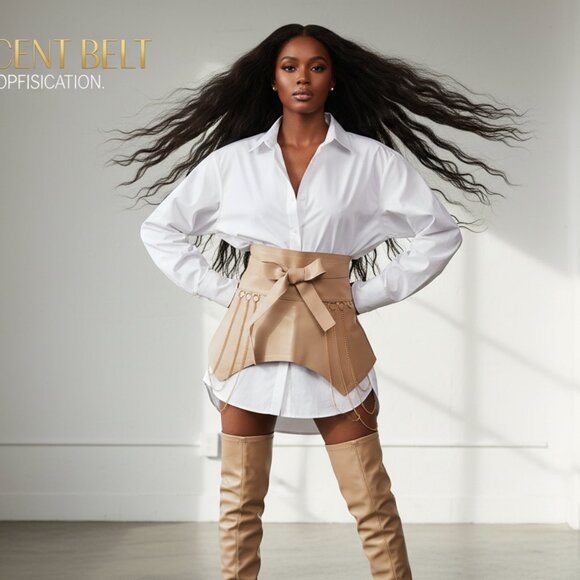 Beige Faux Leather Skirt Belt | Wide Waist Wrap Belt | Statement Bow Tie - Picture 2 of 4